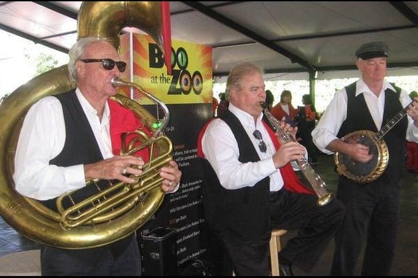 Jazz musicians strolling and entertaining guests at a party